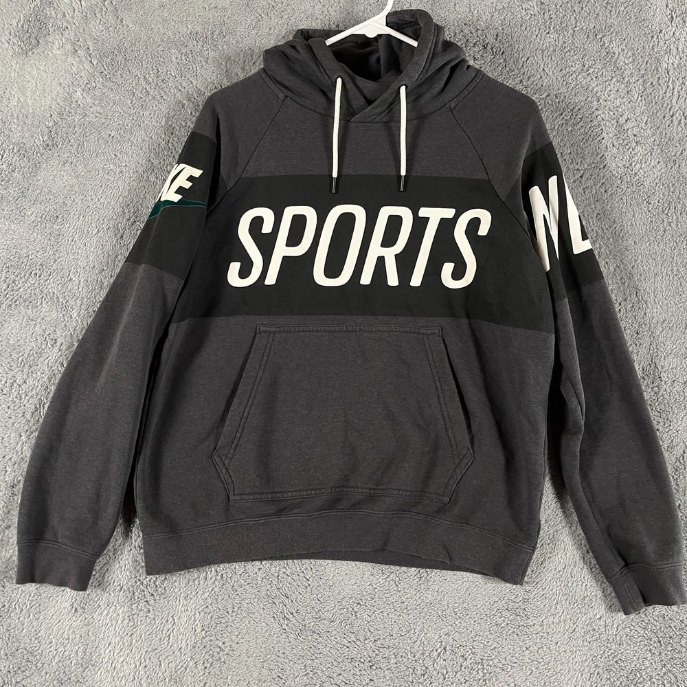 Nike Sports Hoodie Mens Medium Charcoal Gray Graphic Logo Fleece Lined Pullover